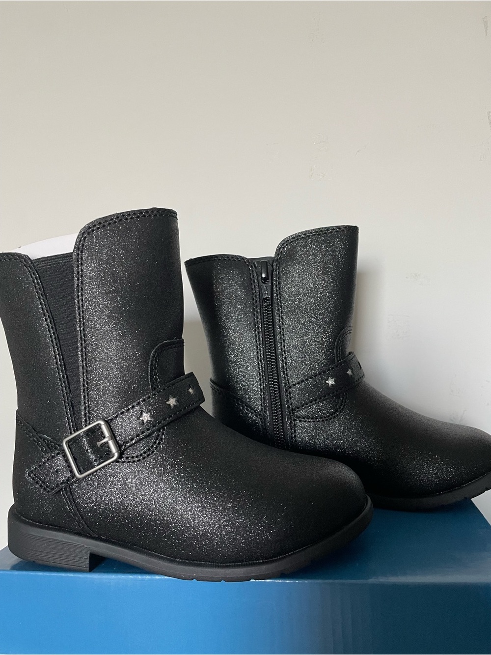 Stride Rite Sr Lizz Black Shimmer Boots Toddler Girl Zip Stars Mid Calf NEW Box